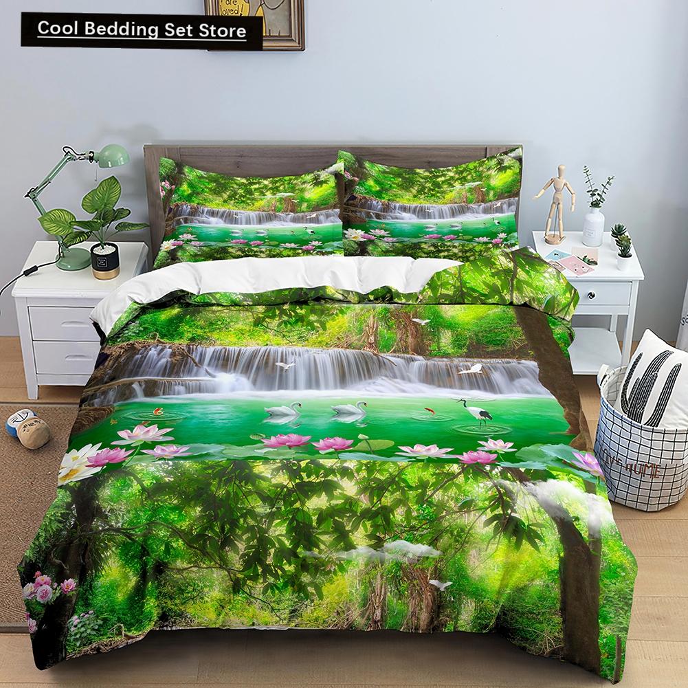 3D Pejzaż Natury Król Królowa Poszewka na Kołdrę Kwiaty Zielone Liście Pościel Zestaw Widok Shimen Poszewka na Kołdrę Poliester Pokrowiec na Kołdrę