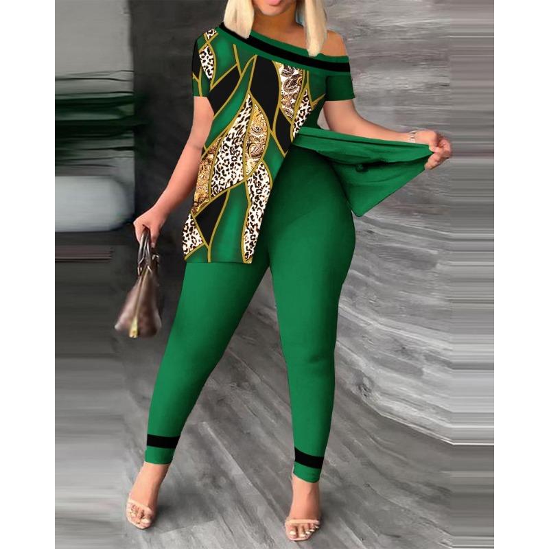 YYFS Women's Fashion Casual Summer Spring Short Sleeve Oblique Collar Trousers Pants Suits