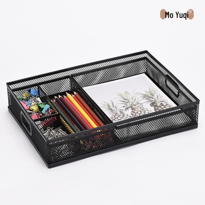 Set of 3 Metal File Holders with Multi-Compartment Cutlery Trays for Desktop Organization