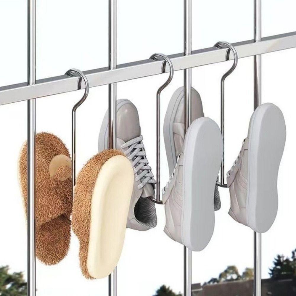 5PCS Stainless Steel Double Hook Shoe Rack Hanging Type Space Saving Shoes Drying Rack Portable Windproof Slipper Rack