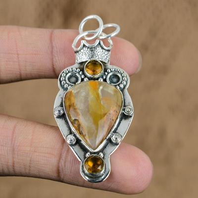 Natural Plume Agate Gemstone Pendant Yellow 925 Sterling Silver Indian Jewelry