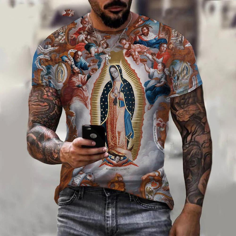 Summer Round Neck 3D Guadalupe Virgin Mary Catholic Print Top Fashionable Casual Short Sleeved Men's T-shirts