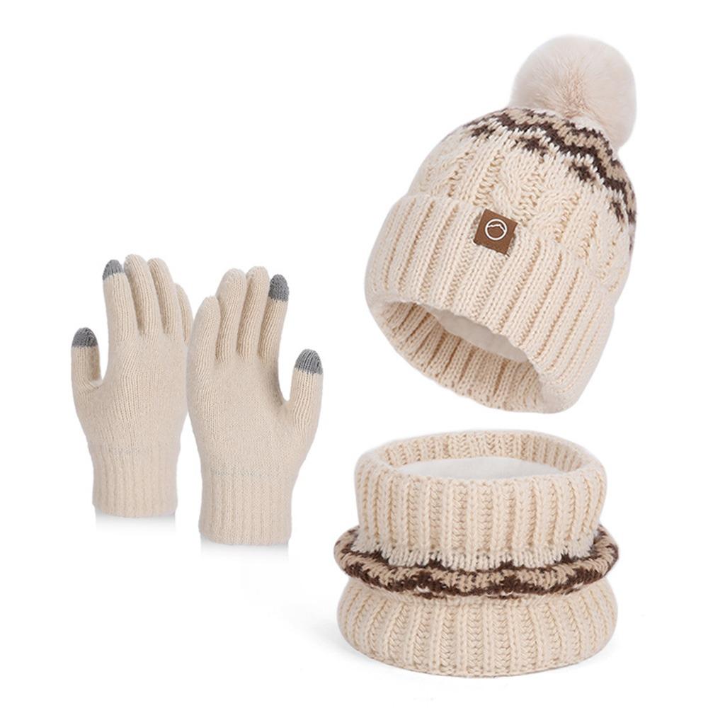 

3 шт./компл. Плюшевая зимняя шапка, шарф, перчатки, сенсорный шарф, набор перчаток, модная вязаная шапка, для улицы бежевый
