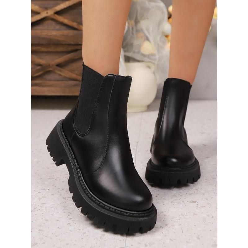 Women Medium Size Round Toe Block Heel Leather Boots Autumn New Solid Color British Style