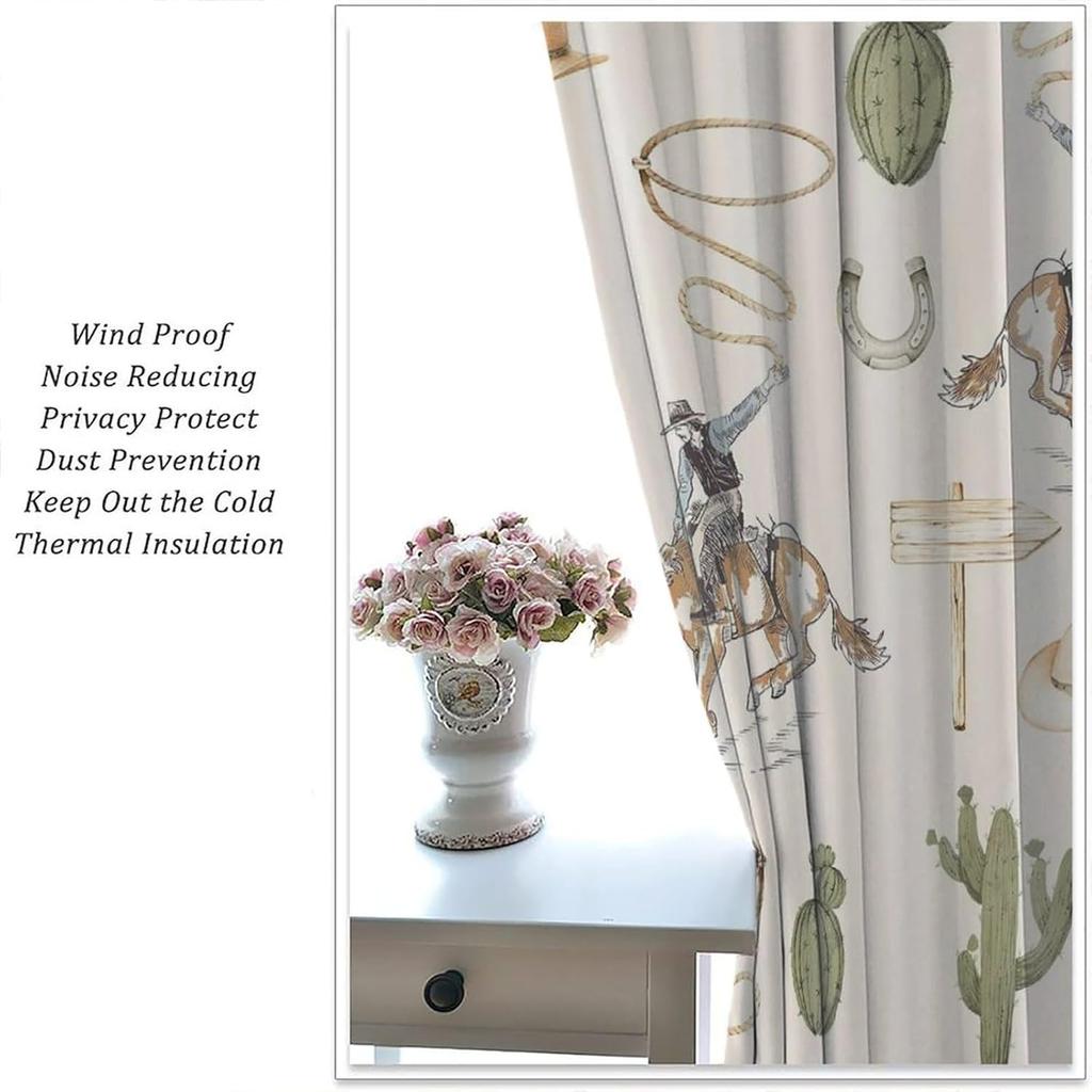 Vintage West Cowboy Window Curtains Rustic Wild West Cowboy Ride Horse and Desert Cactus Window Treatments for Bedroom Living
