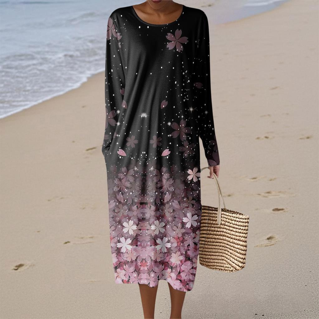 Women's Fashion Casual Long Sleeve Retro Floral Print Round Neck Pocket Elegant Temperament Dress