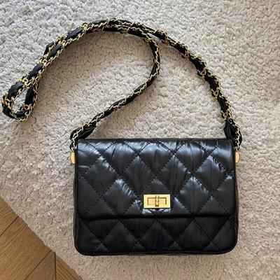 Xiaoxiangfeng Thick Chain Diamond Chain Bag Black Cowhide Small Square Bag Single Shoulder Crossbody Bag