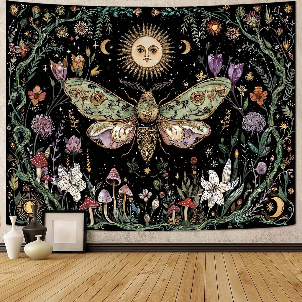 Mystische Himmelsmotte Wandteppich, Boho Sonne Mond Pilz Blumendruck Großer Wandbehang für Schlafzimmer Wohnzimmer Ästhetische Dekoration