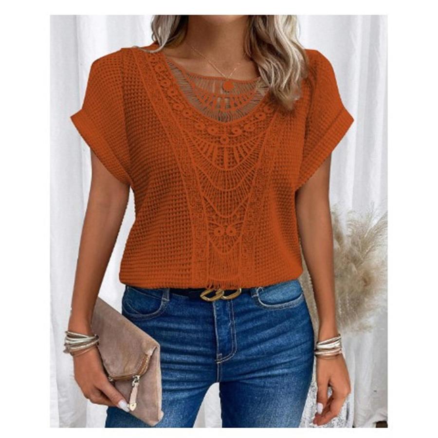 New Summer Floral Lace Patchwork Short Sleeve T-Shirt Women's Clothing
