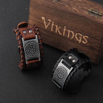 Men Punk Leather Bracelet Wide Braided Rope Alloy Cuff Bangle Viking Wristband Gift with Wood Box