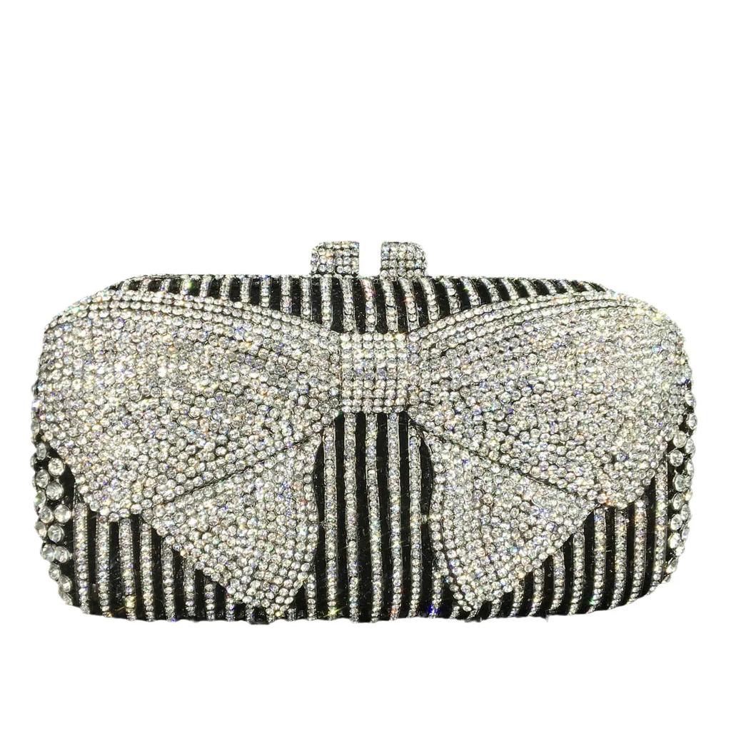 Boutique De FGG Silver Rhinestone Clutch Purses for Women Formal,Bow Crystal Evening Bags,Bridal Wedding Party Minaudiere Bag