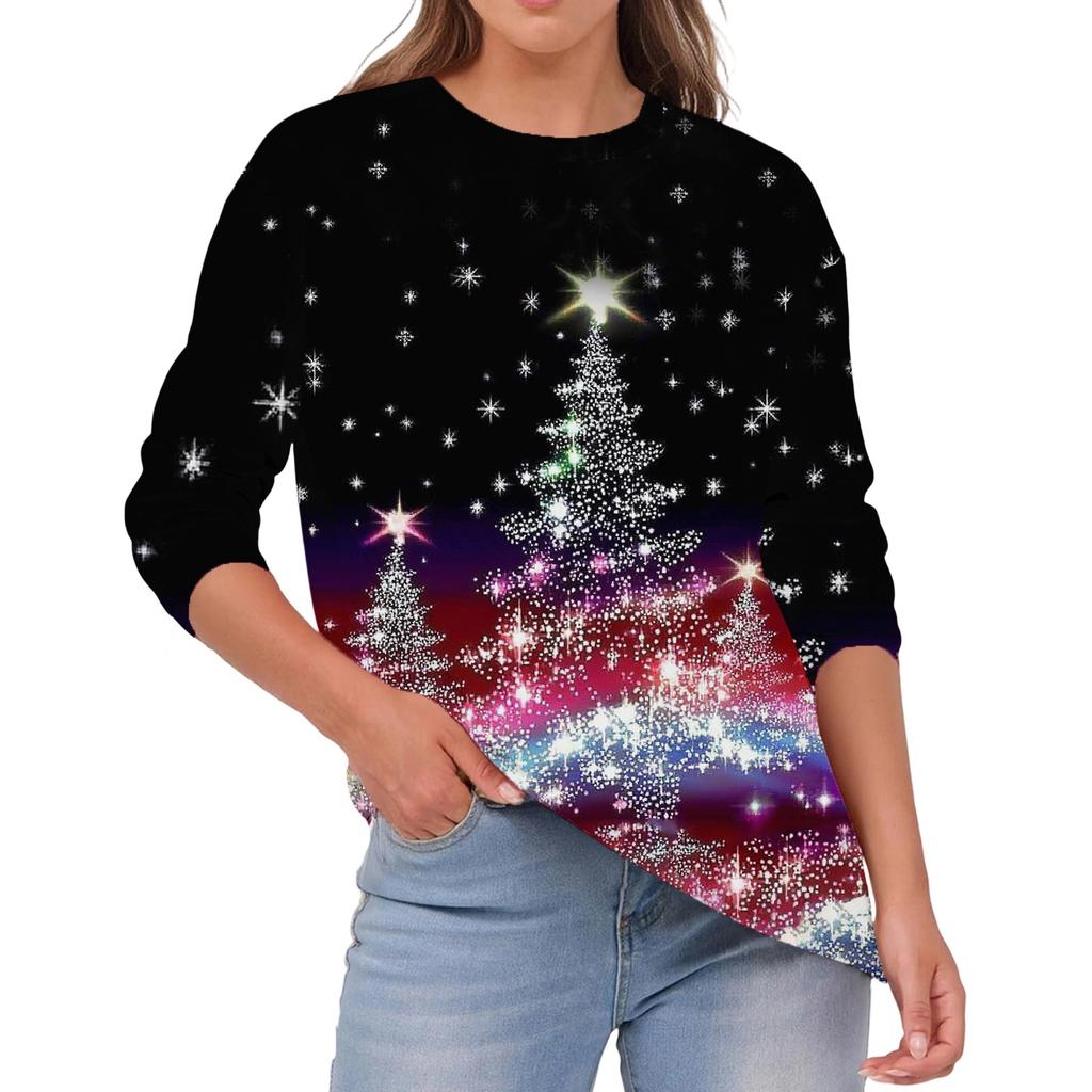 Women's Fashion Casual Christmas Print Round Neck Solid Color Long Sleeve Top