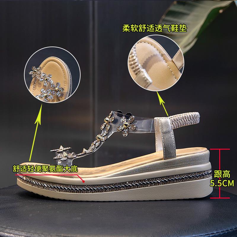 Rhinestone flat-soled sandals for women's outer wear 2025 new women's shoes summer versatile height-increasing thick-soled women's beach sandals