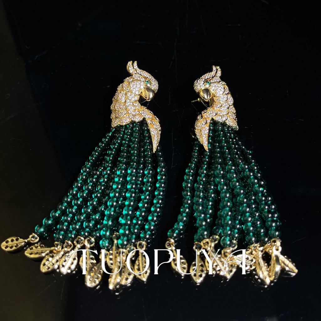 Vintage Zircon Parrot Earrings with Red Tassels and Detailed Craftsmanship