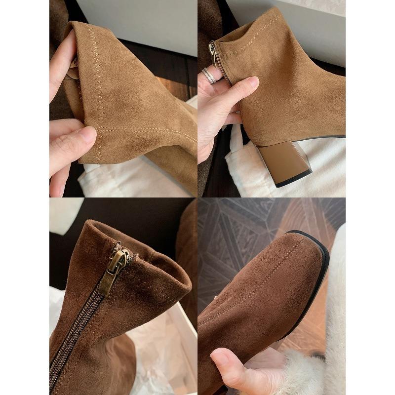 Classic temperament square head rear zipper ankle boots thick heel short boots women's high heel thin boots