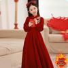 Girls' Formal Red Embroidered Dress - Korean Velvet Silver Fox, Elegant Long-Sleeve, 410g