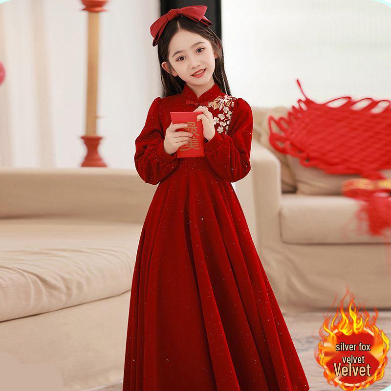 Girls' Formal Red Embroidered Dress - Korean Velvet Silver Fox, Elegant Long-Sleeve, 410g