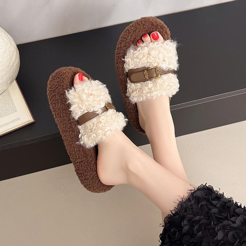 2025 Herbst neue Muffin-Dickensohlen flauschige Hausschuhe Damen Außenbekleidung Gürtelschnalle Ein-Wort Plüsch Baumwollhausschuhe