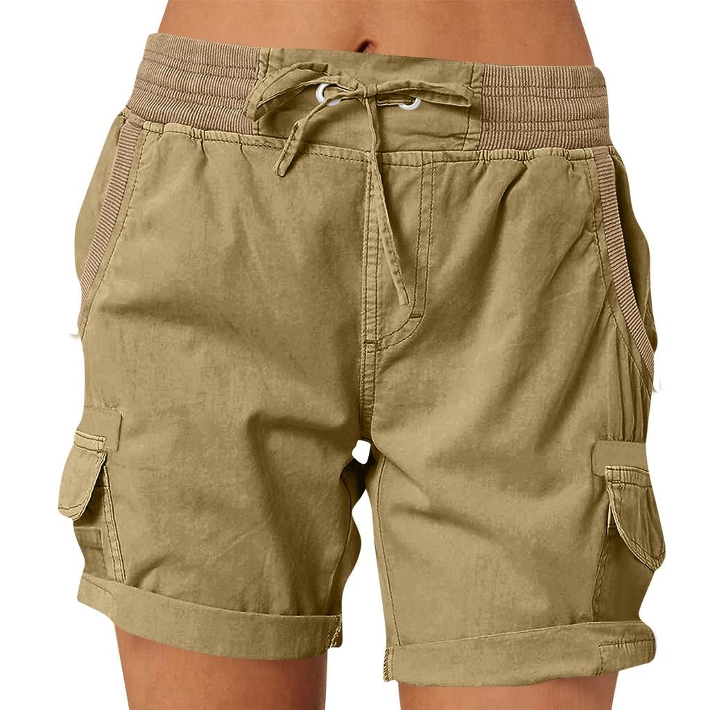 Women's Fashionable Solid Color Pocket Drawstring Casual Work Pants With Elastic Waist And Rolled Edge Five Quarter Shorts