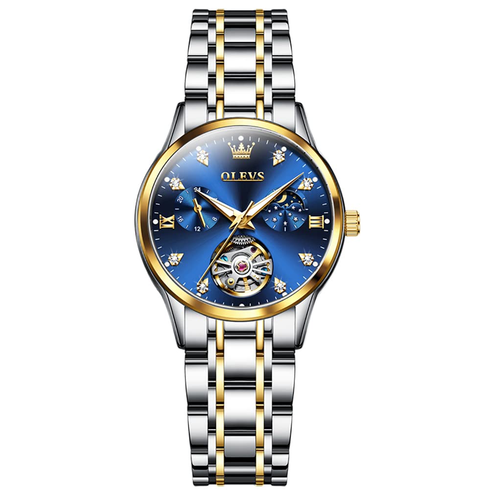 OLEVS Women's Automatic Mechanical Watch, Cute, Waterproof, Luminous, with Diamonds, Date Display, Blue, Gold & Blue, L6608