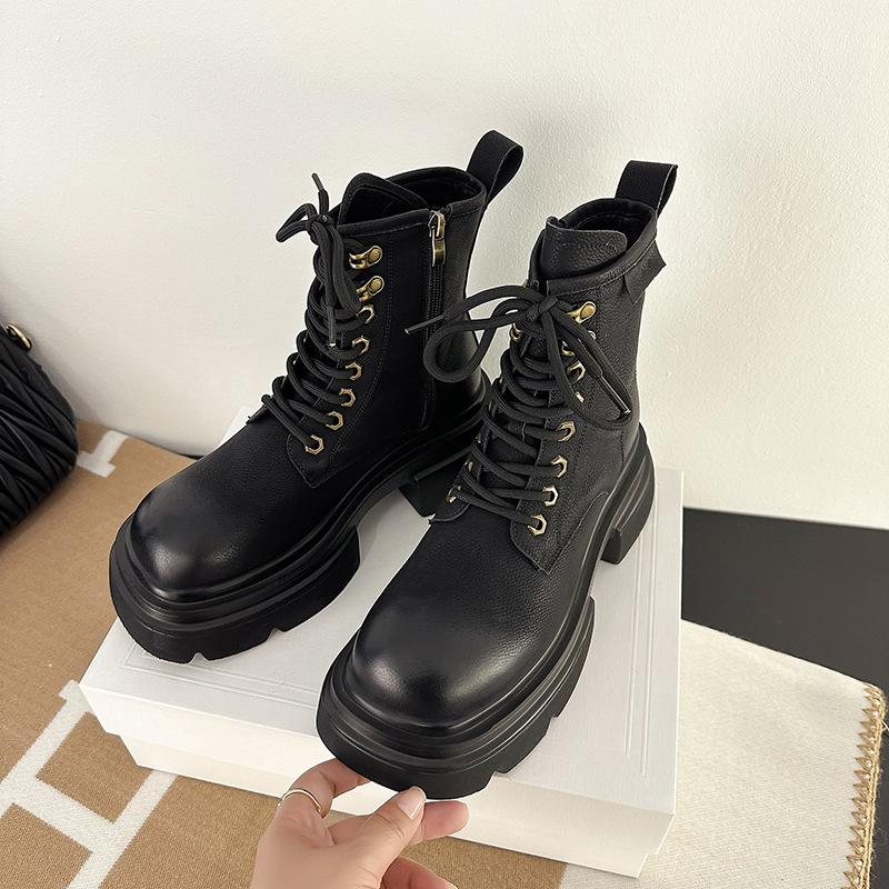 Leather platform Martin boots women's autumn and winter new retro British style versatile big yellow boots knight boots thick heel short boots