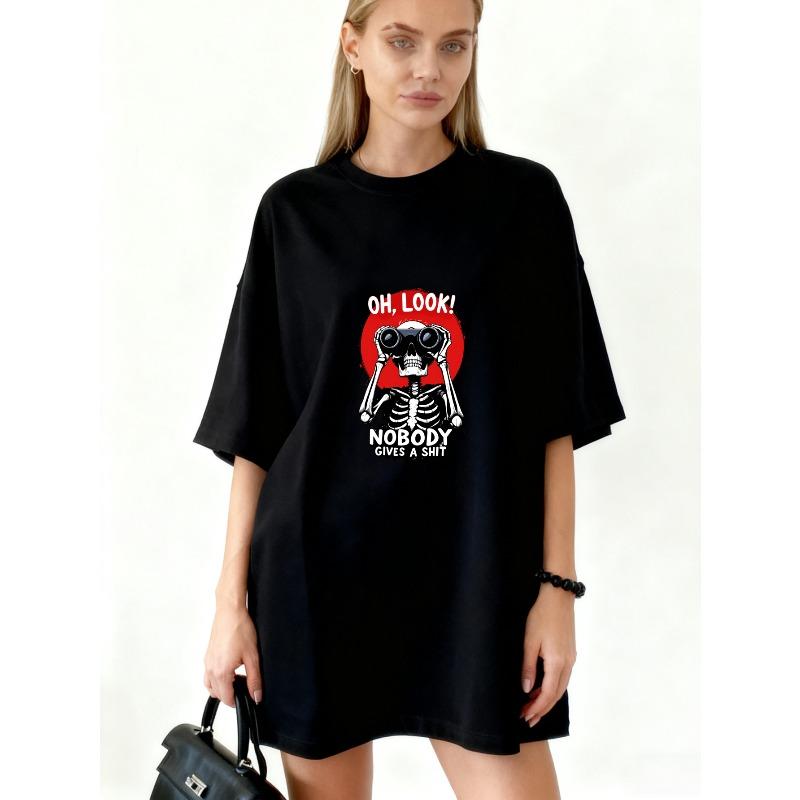 Oversized T-Shirt Black Skeleton With Binoculars Oh Look Nobody Gives A Shit Print Casual Streetwear For Women S