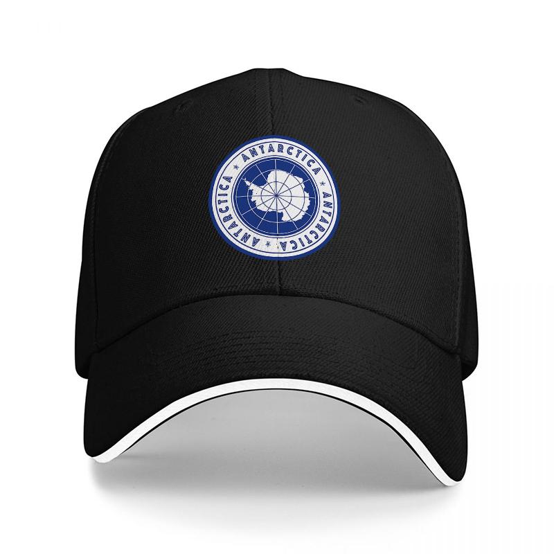 Antarctica Logo Baseball Cap Black Adjustable Hat with White Trim and Blue Circular Emblem Featuring Polar Design and Text