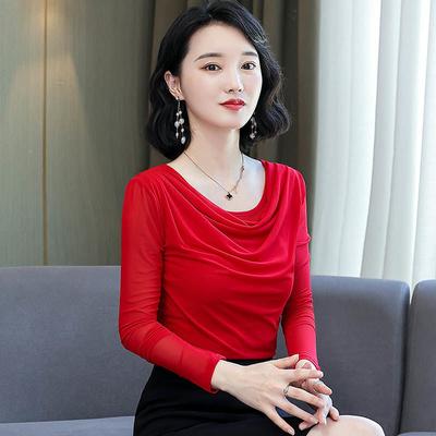 Mode Damen Frühling Herbst Dünne Netzbluse Stehkragen Slim Fit Langarm Basisschicht T-Shirt