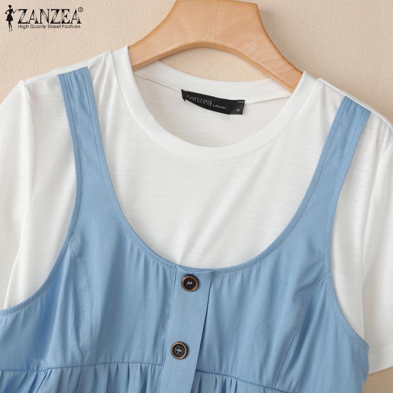 ZANZEA Women Casual Round Neck Summer Short Sleeve Patchwork T-Shirts
