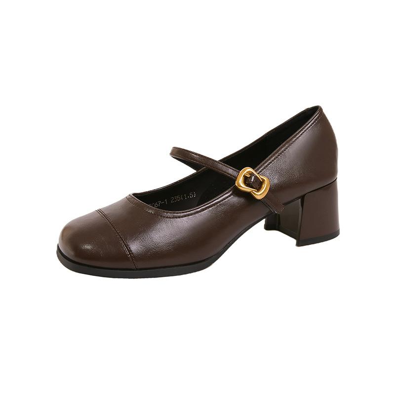 Mīksta āda ar Mary Jane kurpēm sieviešu rudens jaunas vienas kurpes retro kafijas bieza papēža mazas ādas kurpes