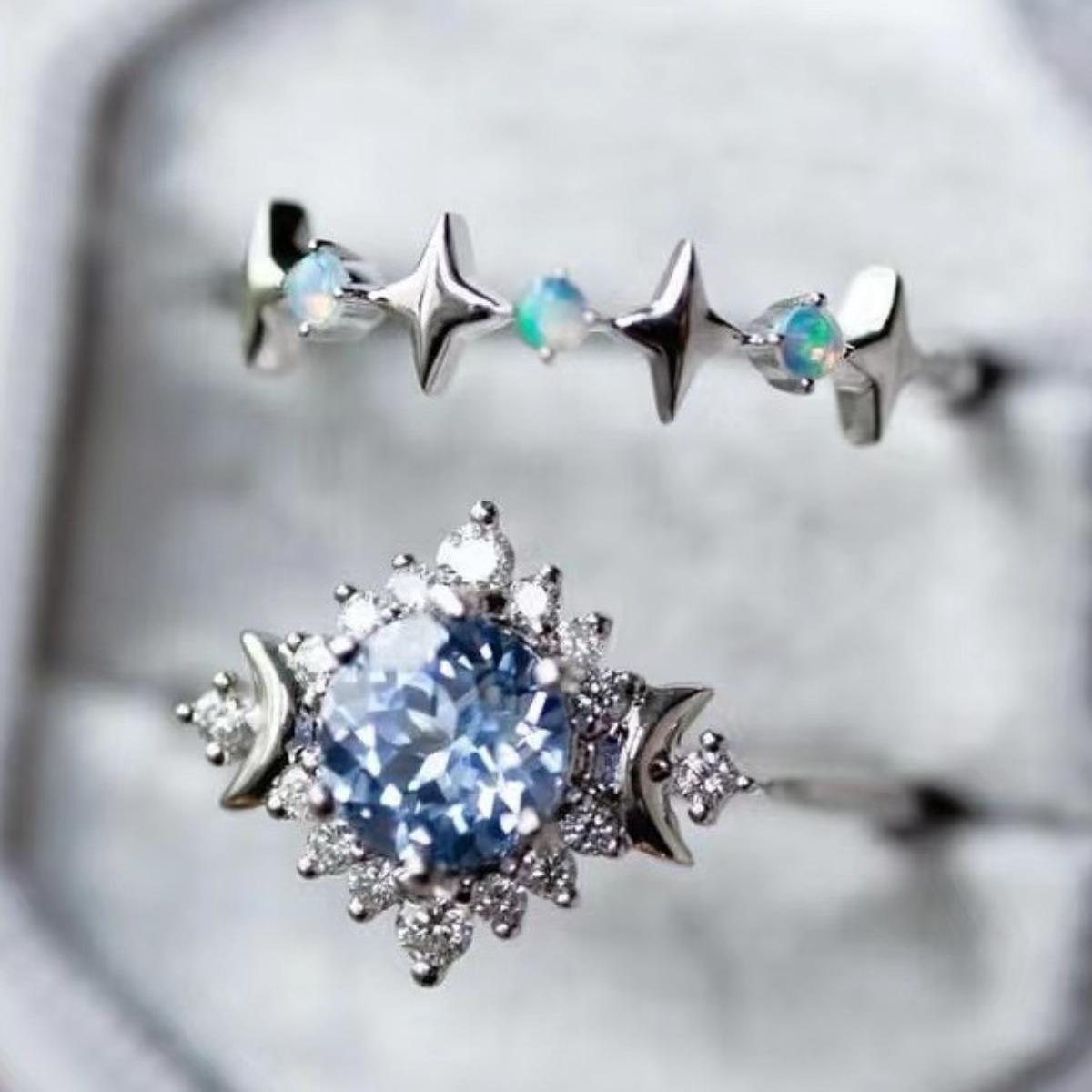 

Роскошное кольцо в форме звезды и луны с инкрустацией синим цирконом, платиновое покрытие, простое кольцо в европейском и американском стиле, парное No. 10