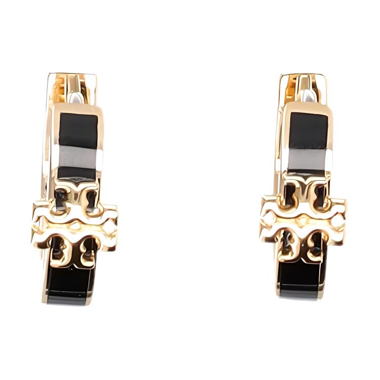 Tory Burch Logo Detail Brass Enamel Square Cubic Zirconia Earrings Women earrings Gold Black 24A155515_720 F,Gold