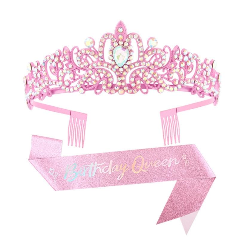 Fashionable 2pcs Rhinestones Tiaras Headband and Sash Hairpiece Hair Accesories for Women’s Birthday Party Accessories