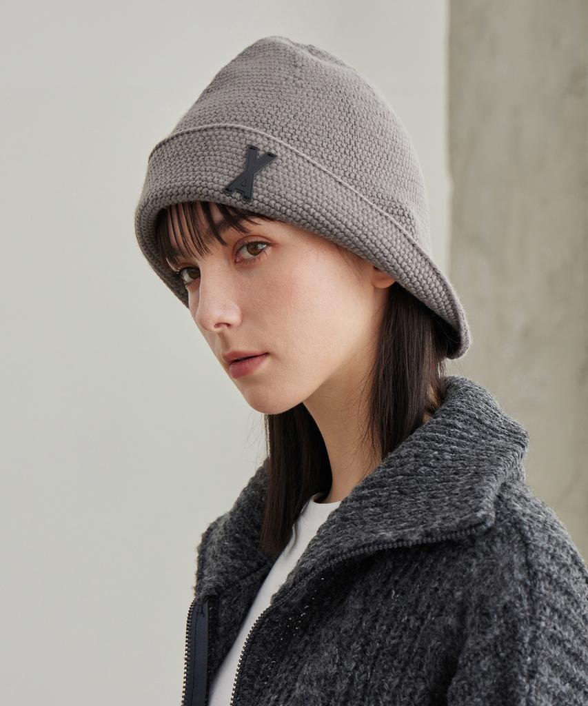 Bajal Va Patch Wide Brim Knit Bucket Hat Gray