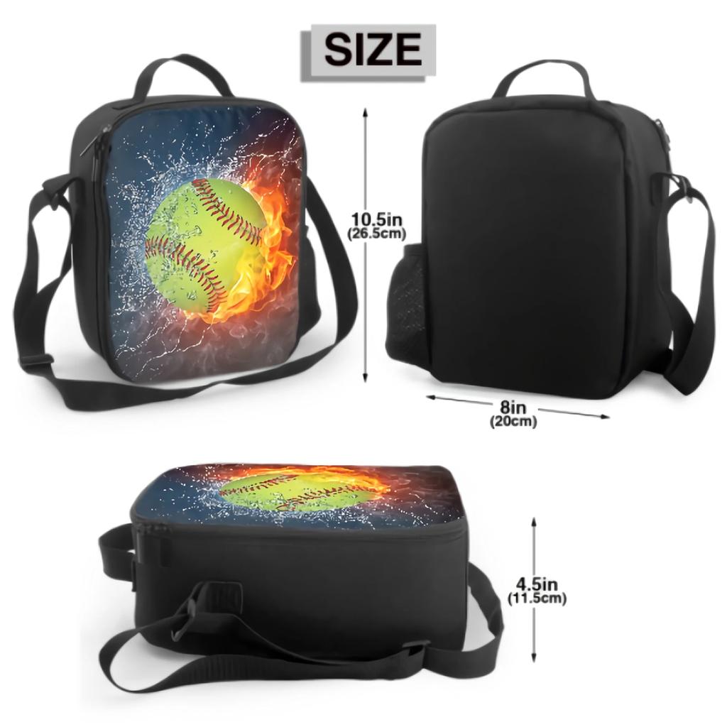 Yellow Baseball Ball In Fire And Water Insulated Thermal Lunch Bag for Kids Washable Tote Lunch Container for School Travel Work