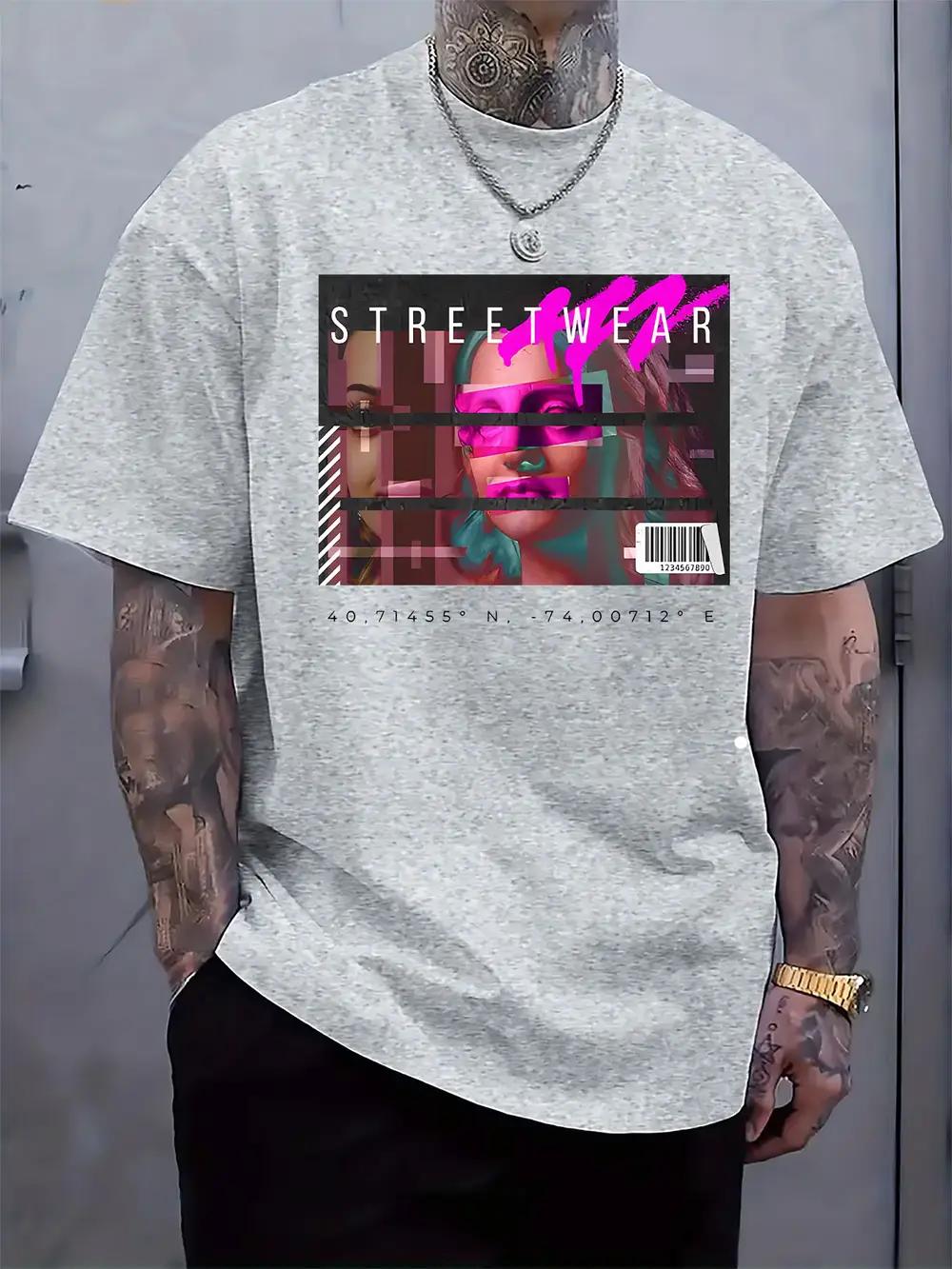 

Round Neck Short Sleeve T-shirt with Street Fashion Themed Prints M
