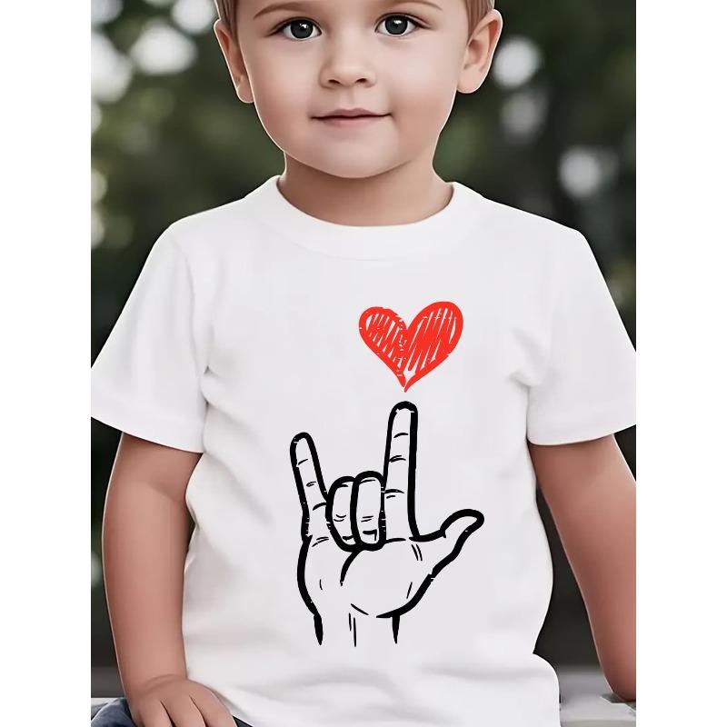 European sizes Boys' Short Sleeve T-Shirt with Heart Hands & Love Print - Summer Casual Round Neck Tee Suitable for, Cute