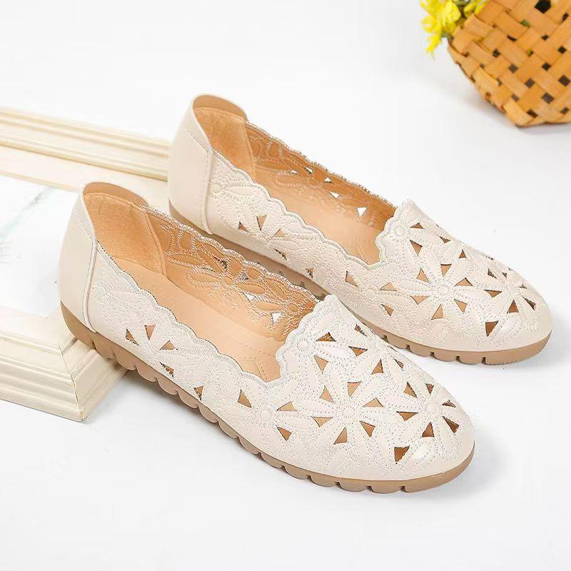 Woman's Summer Leather Hollow Out Flat Sole Shoes Round Toe Shallow Slip On Soft Sole Non Slip Breathable Lightweight Sandals