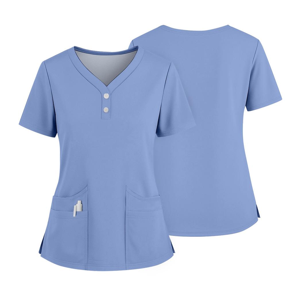 Women's Short Sleeved Solid Color V-neck Buttonable Side Slit Top T-shirt