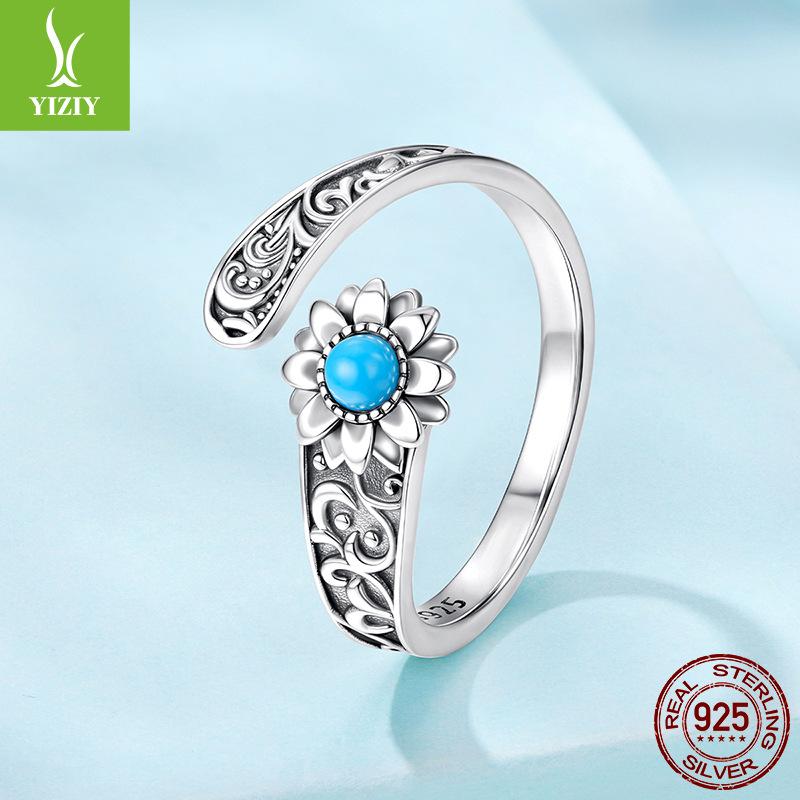 Vintage Sunflower Turquoise Open Ring, French Classical Engraved S925 Sterling Silver Ring