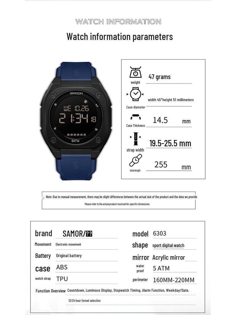 Sanda Multifunctional Luminous Waterproof Student Countdown Watch with Alarm