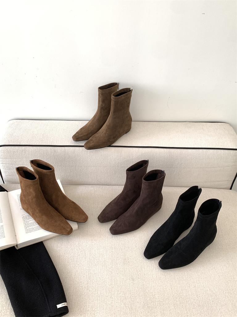 Inner Height-increasing Suede Square Head Short Boots Women's 2025 Autumn and Winter New Temperament Versatile Women's Boots, Wedge Heel Rear Zipper 