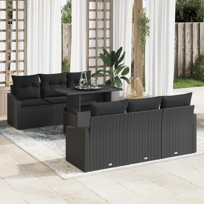 VidaXL Ensemble de canapé de jardin 7 pièces avec coussins en poly rattan noir 3357666