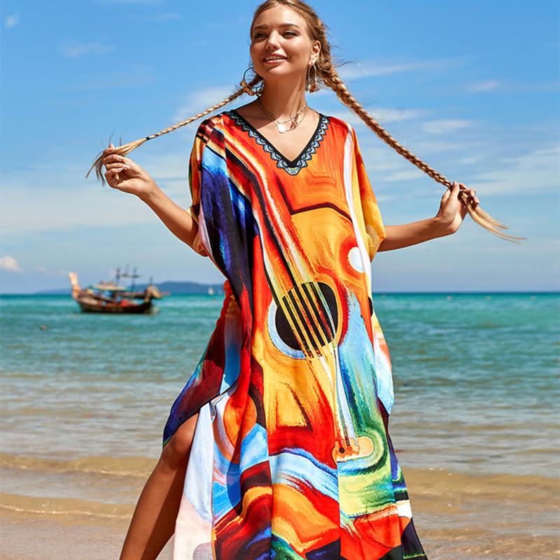 2022 Multicolored Kaftan Bohemian Printed V-neck Batwing Sleeve Street Wear Maxi Dress Women Beach Wear Swim Suit Cover Up Q1342