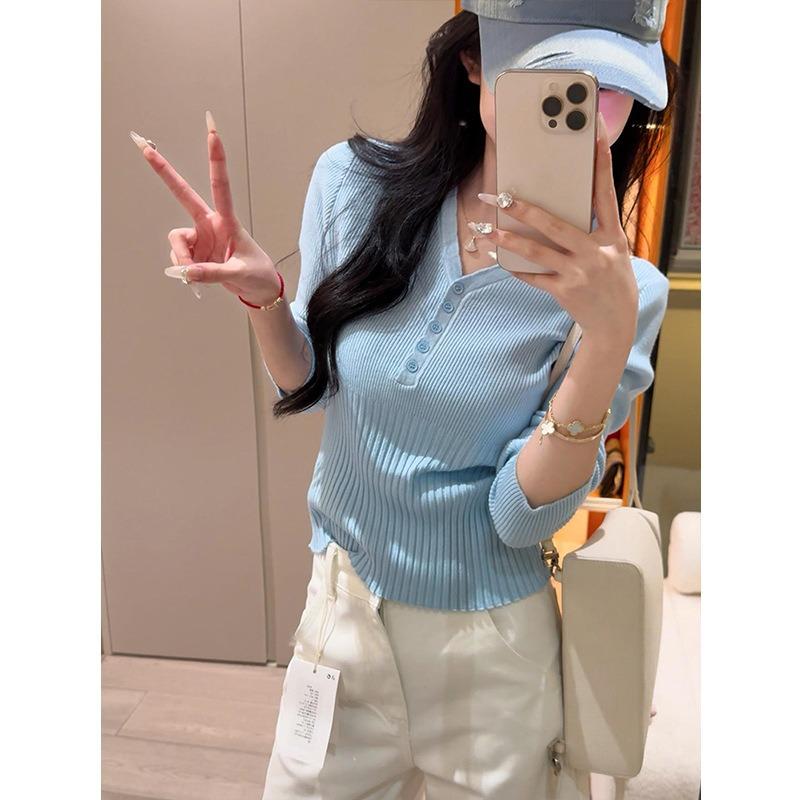 Spring new collar temperament simple versatile wool knitted sweater women's clothing slim-fitting and thin top