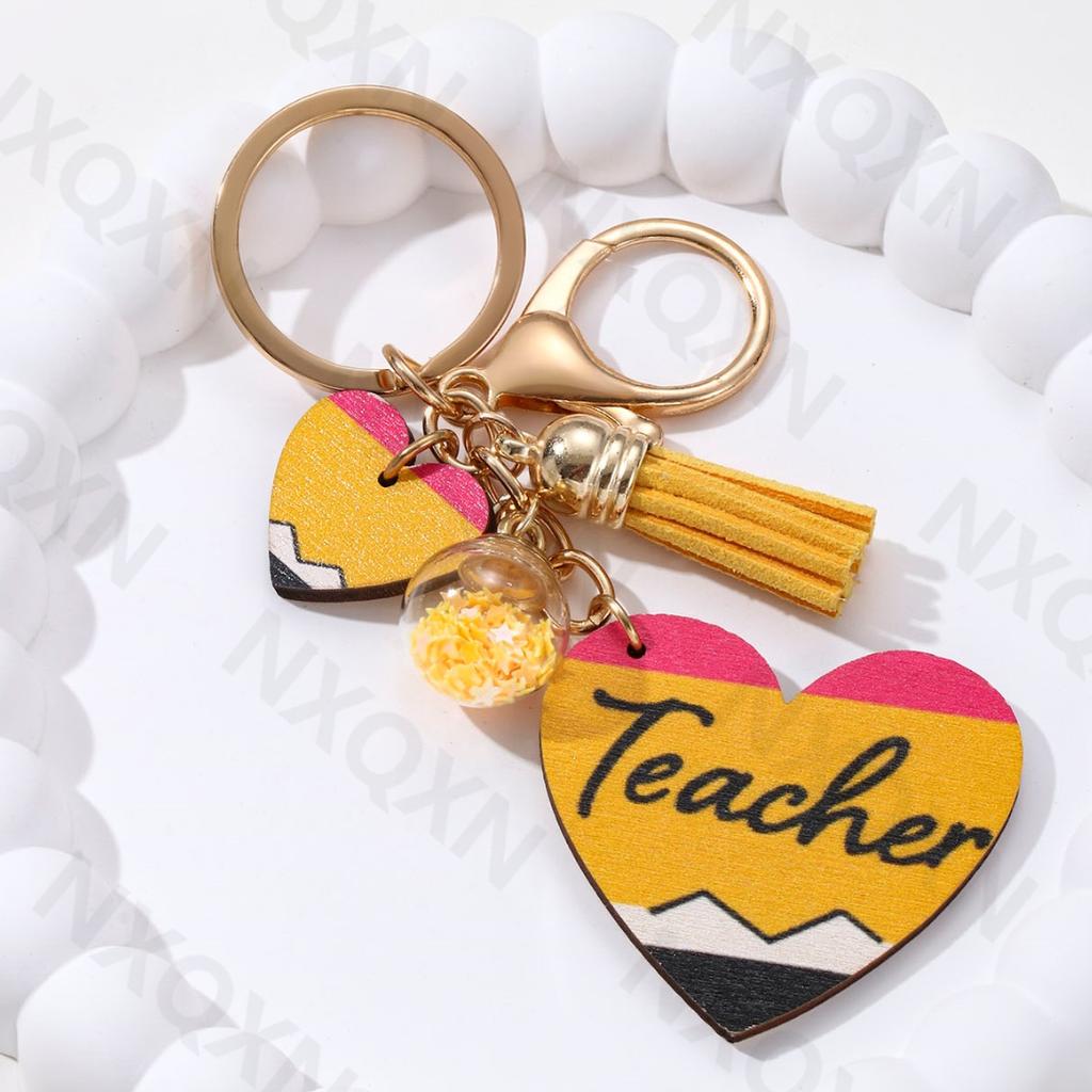 Cute Blackborad Pencil Heart Wooden Keychain Rainbow Apple Pendants Key Ring For Teachers Gift On Teacher's Day Handmade Jewelry