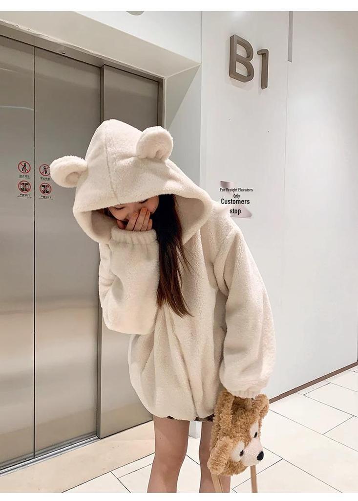 Women's Versatile Mid-Length Plush Jacket with Cute Bear Ears - 2025 Autumn/Winter Collection