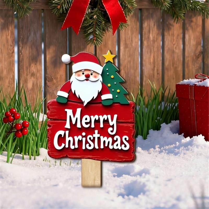 Santa Snowman Holiday Yard Stake Handcrafted Wooden Door Plaque For Seasonal Celebration Party Decoration