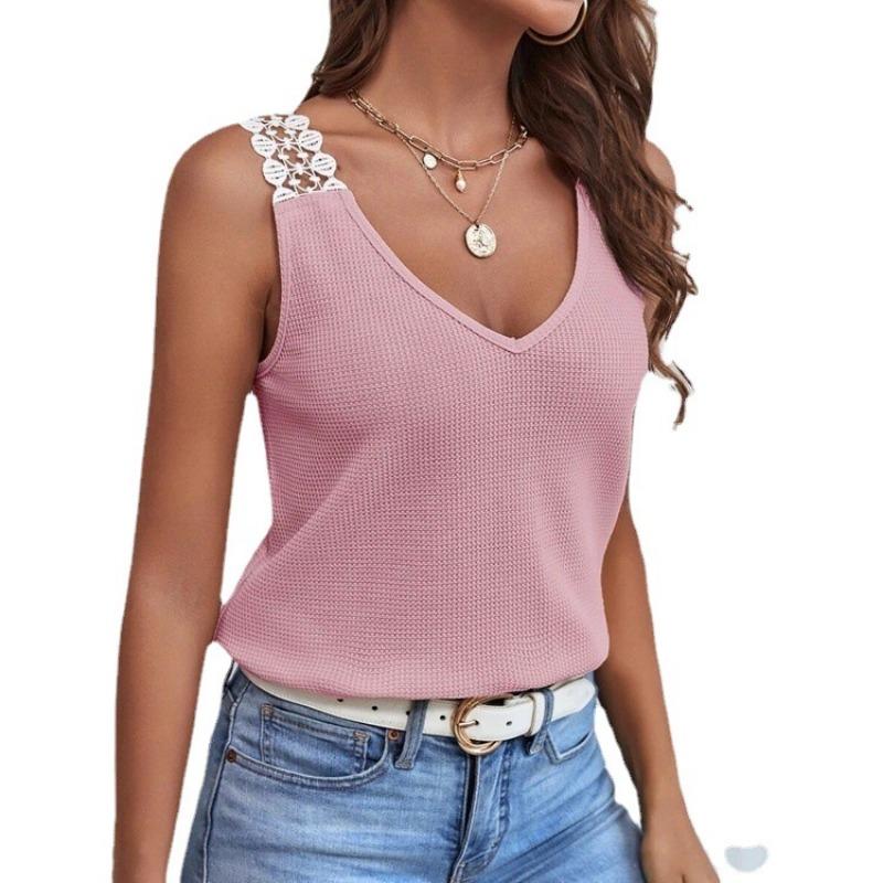 Womens Waffle Knit V Neck Tank Top With Lace Trim Sleeveless Casual Solid Color Camisole