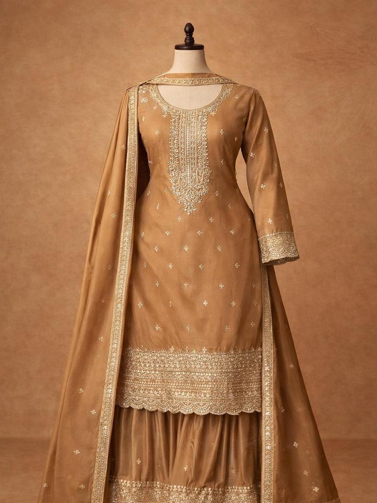 Women Elegant Gold Kurta Set with Dupatta – Embroidered Ethnic Suit, Party & Wedding Wear